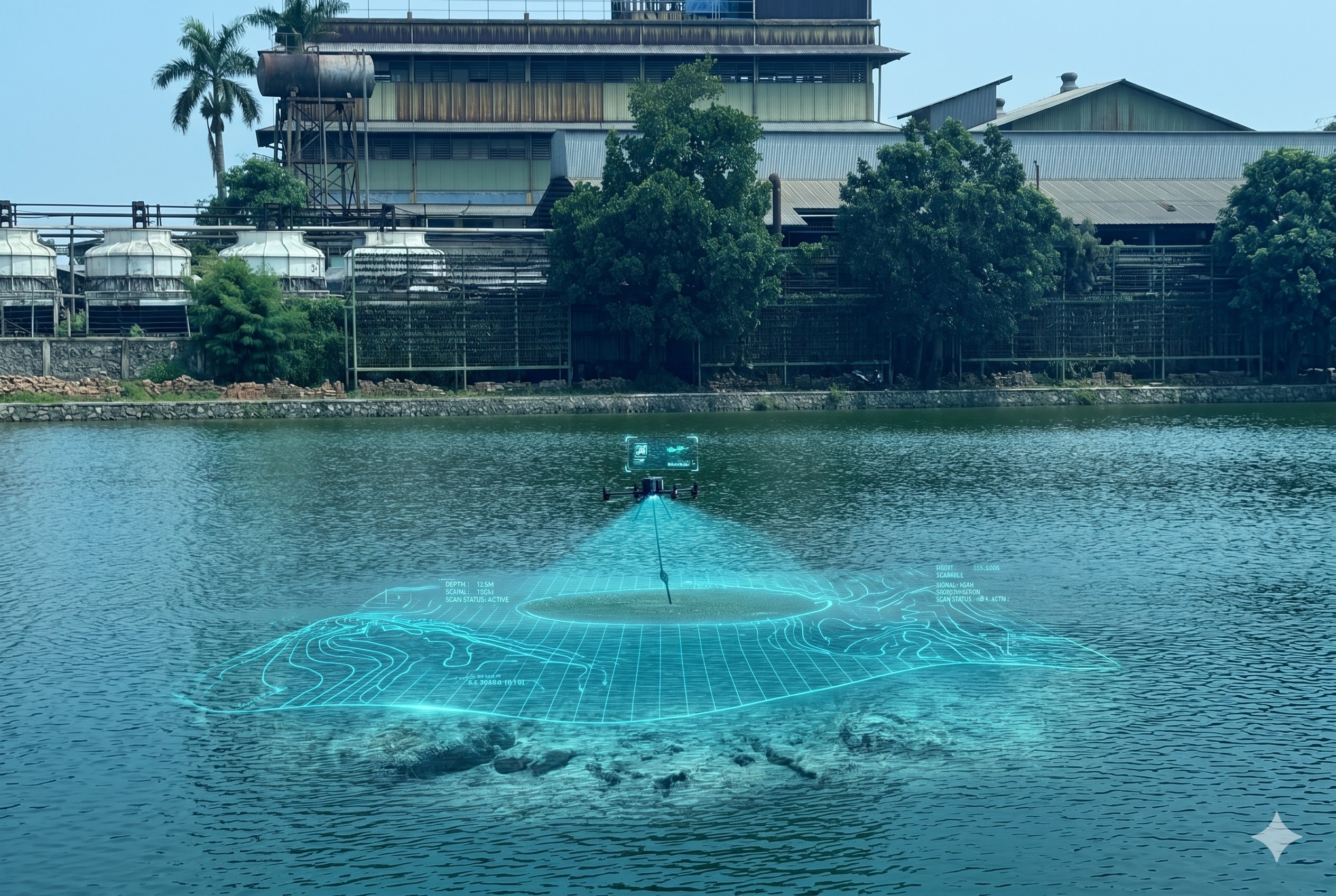 UAV Bathymetry Drone DJI M400 melayang di atas air memancarkan grid pemindaian sonar berwarna biru neon ke permukaan air, dengan latar belakang fasilitas bangunan industri.
