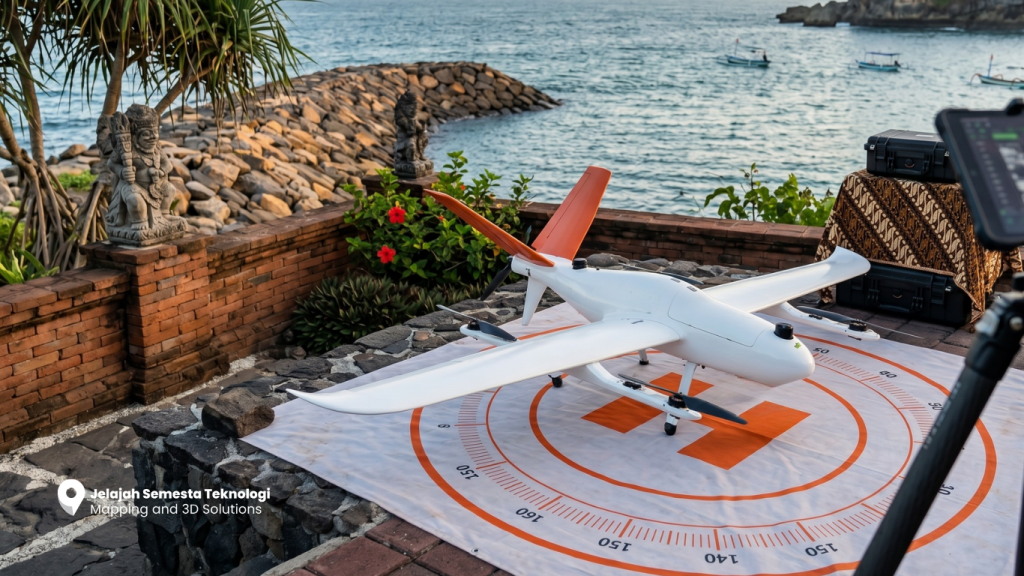 Drone VTOL bersiap lepas landas dari landing pad di area tepi laut dengan stasiun kontrol (GCS)