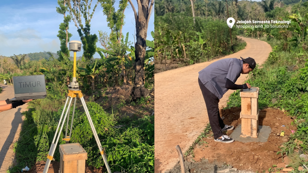 Surveyor melakukan pengamatan dan pemasangan titik kontrol (Benchmark) menggunakan perangkat GNSS Geodetik di jalur perkebunan