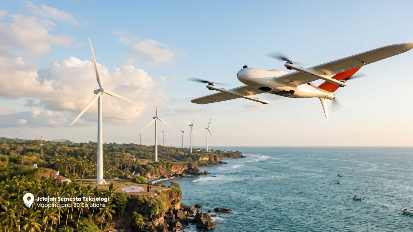 Drone VTOL CHCNAV P330 Pro melakukan survei udara di kawasan Pembangkit Listrik Tenaga Bayu (PLTB) pesisir pantai