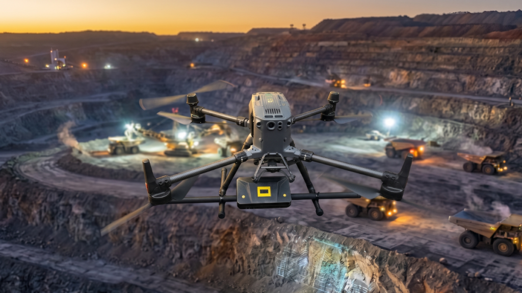 Sebuah drone aeromagnetik terbang memindai area tambang terbuka pada waktu senja. Terdapat proyeksi pemetaan digital berwarna biru di tebing batu bawah drone, sementara truk tambang dan ekskavator beroperasi dengan lampu sorot di latar belakang.