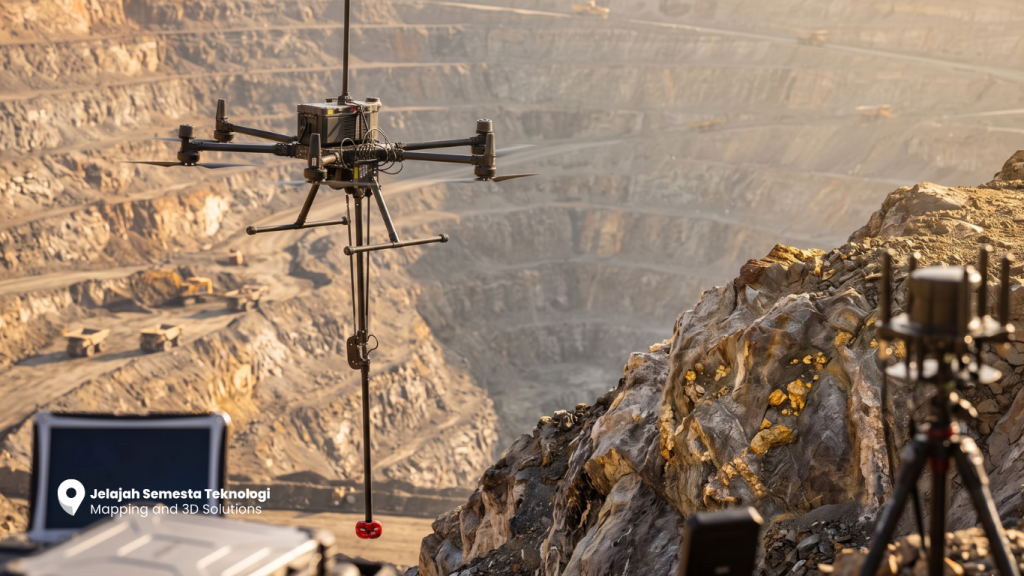 Drone aeromagnetik yang membawa sensor MagNIMBUS terbang di atas area tambang terbuka (open-pit) yang luas. Di latar depan terdapat singkapan batuan dengan urat emas, perangkat stasiun kontrol, tripod antena