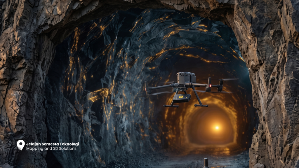 MAMERU drone aeromagnetik melayang stabil di dalam terowongan tambang bawah tanah yang gelap. Dinding batu terowongan menampilkan ilustrasi urat-urat mineral emas yang bercahaya terang. Terdapat logo "Jelajah Semesta Teknologi Mapping and 3D Solutions" di sudut kiri bawah.