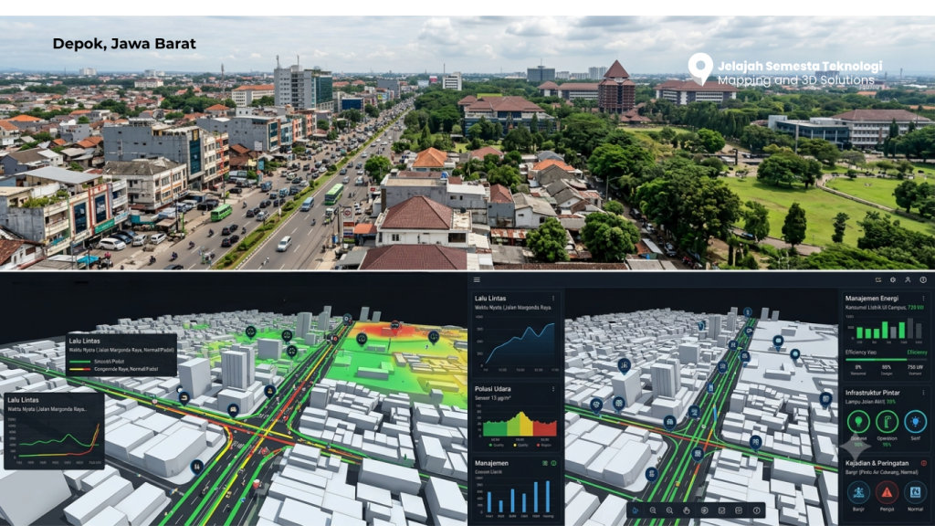 mplementasi Digital Twin dan sistem pemantauan Smart City di Depok Jawa Barat berbasis pemetaan 3D.