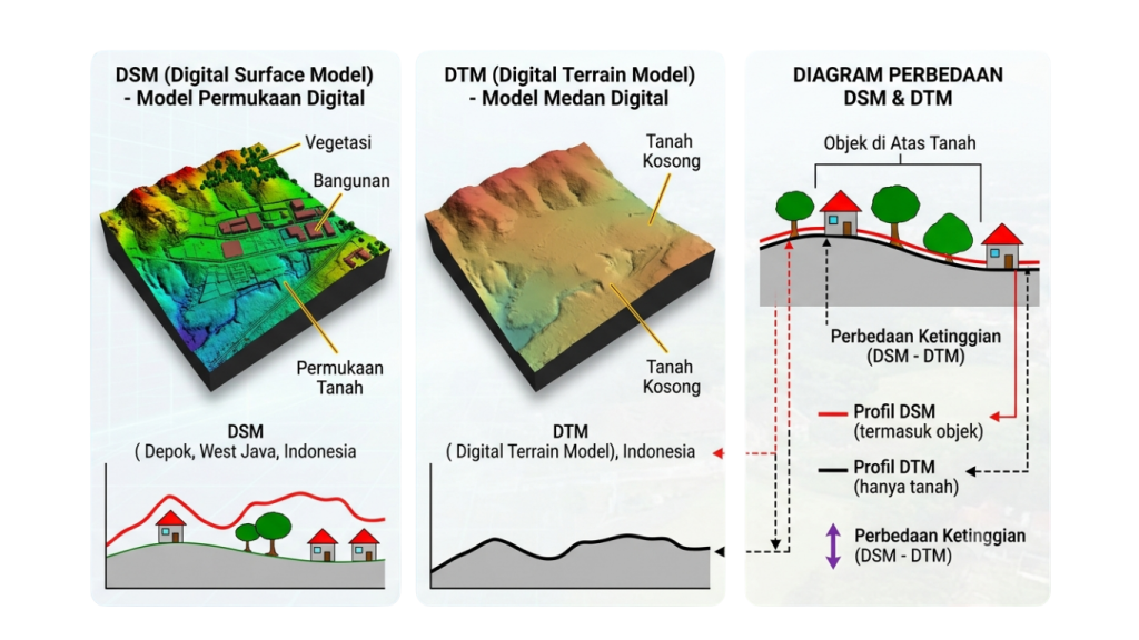 Ilustrasi diagram perbedaan Digital Surface Model (DSM) dan Digital Terrain Model (DTM) pada pemetaan topografi.