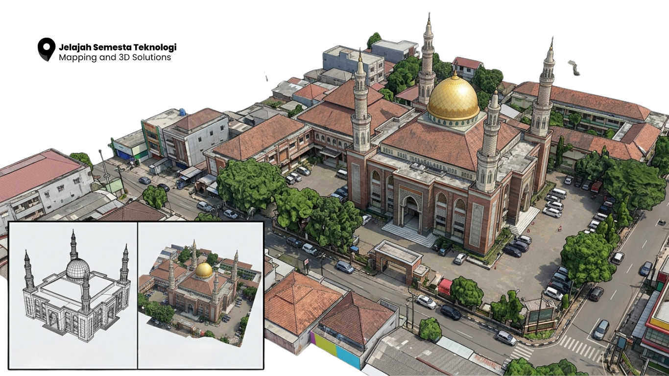 Hasil rekonstruksi 3D textured mesh bangunan masjid dan perkotaan dari pemetaan foto udara oblique.
